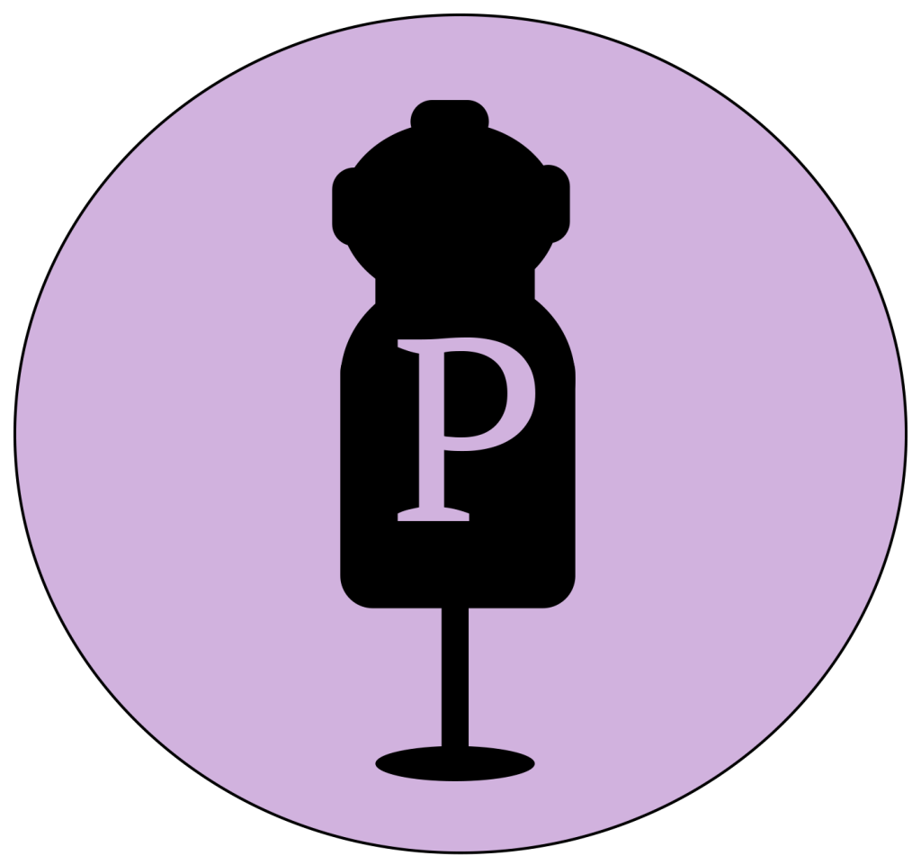 purple background with a black dressform on it. A purple P is on the front of the dressform